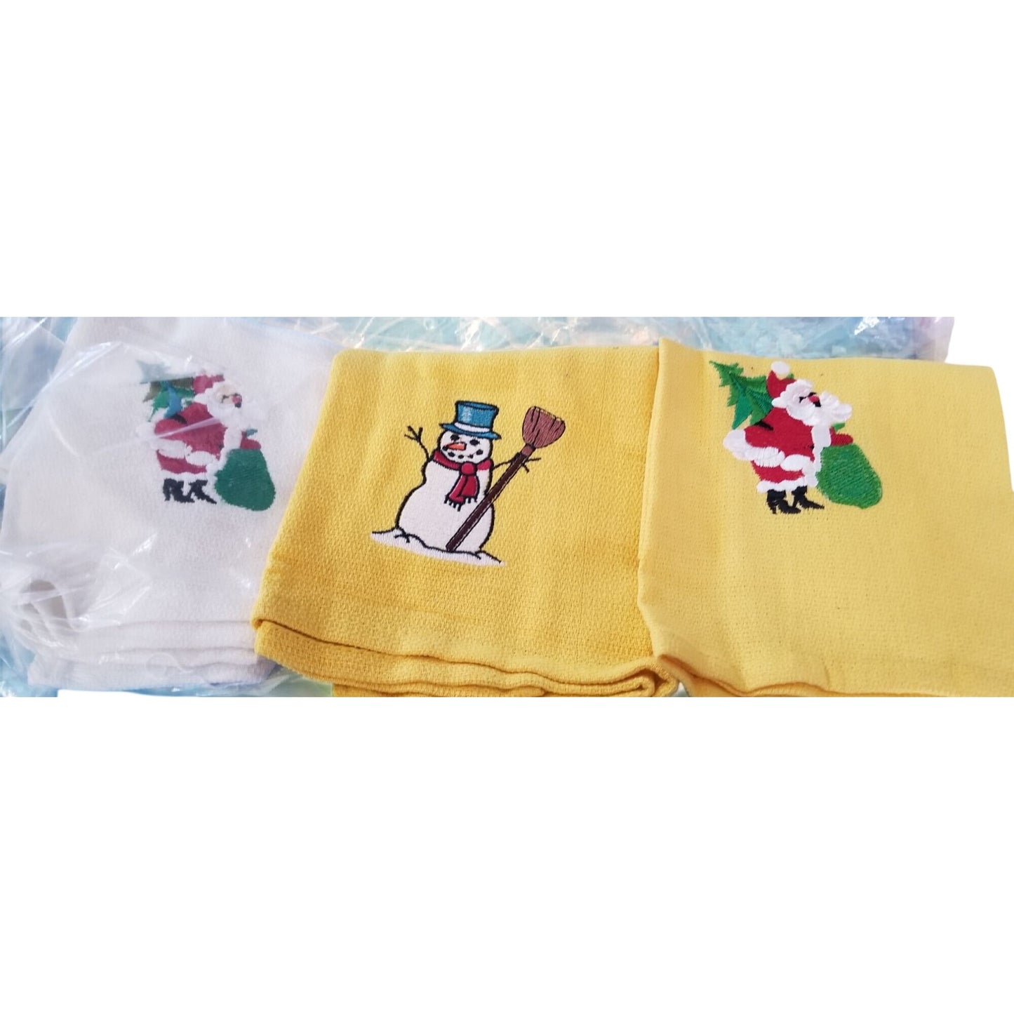 Kitchen Towel Embroidered 100%  Set 3 Cotton 2 Yellow 1 White  Holiday Santa Snowman  15 x 21