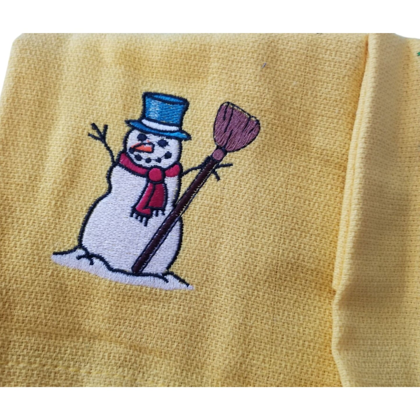 Kitchen Towel Embroidered 100%  Set 3 Cotton 2 Yellow 1 White  Holiday Santa Snowman  15 x 21
