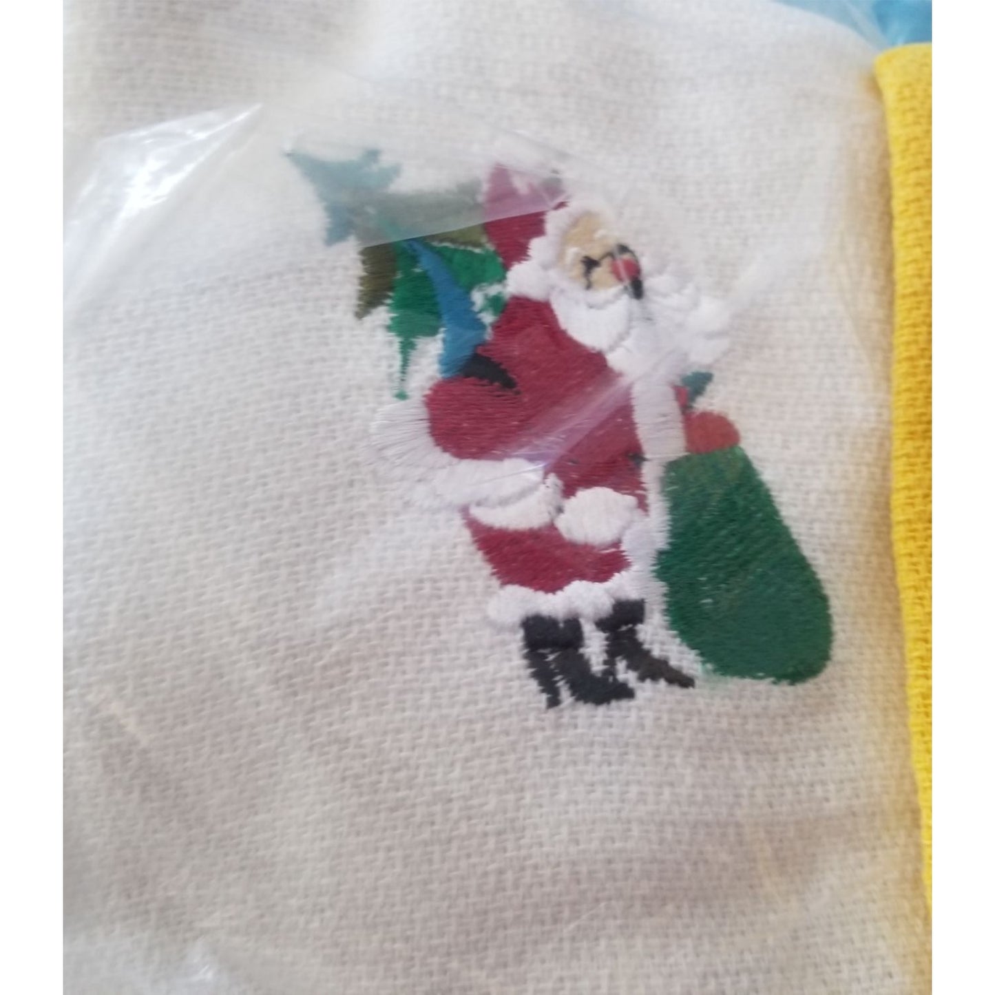 Kitchen Towel Embroidered 100%  Set 3 Cotton 2 Yellow 1 White  Holiday Santa Snowman  15 x 21