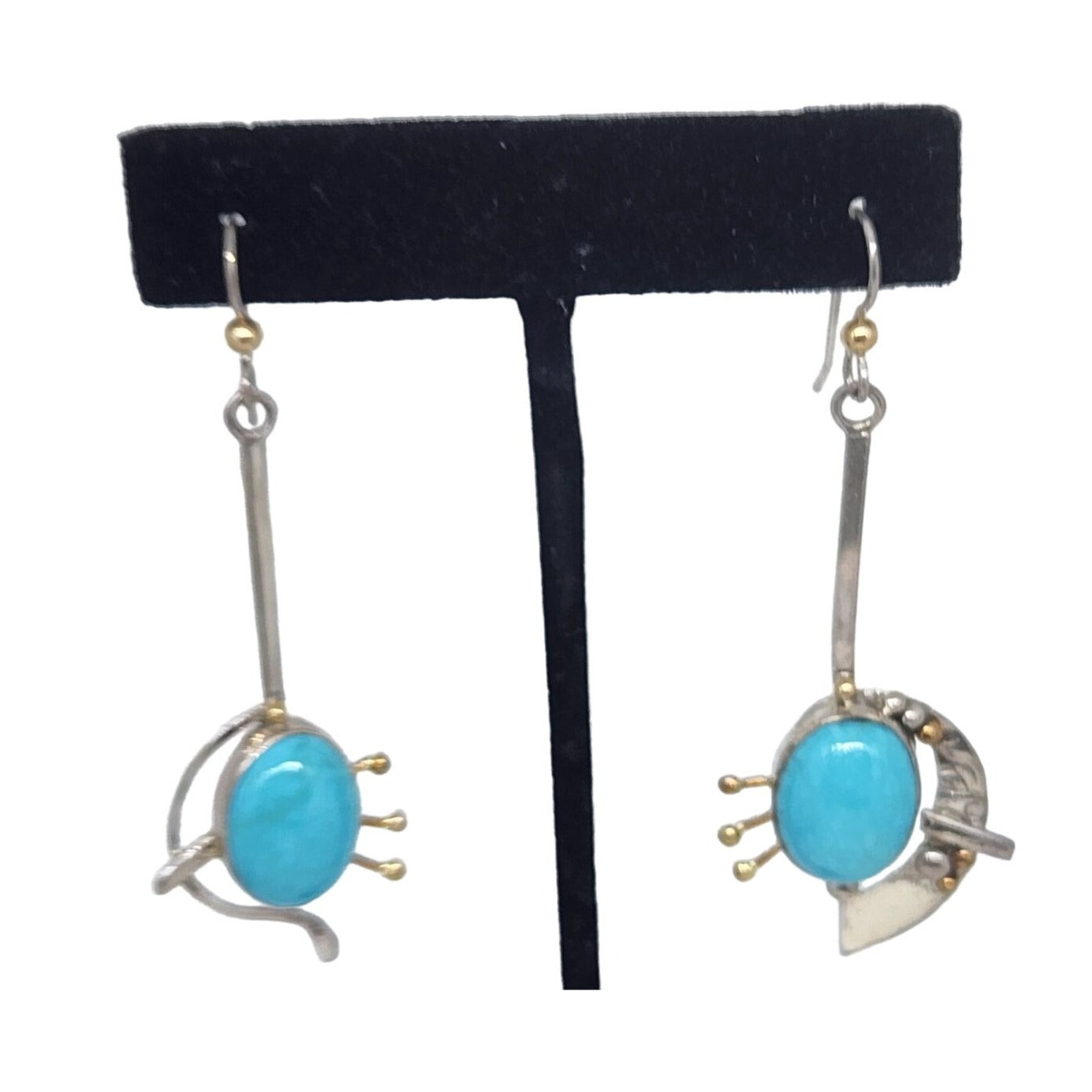 Sleeping Beauty Turquoise Earrings 10 Gr Silver Hooks Dangle Long 14K Gold Accents