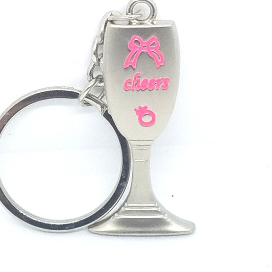 Key Chain Wine Glass Shaped Pink Accent Bow Cheers Female Sign Gift Wedding 2"