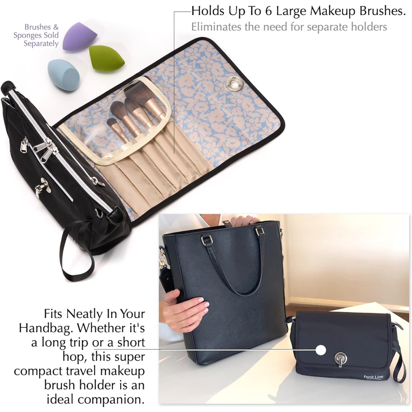 Fenit Line Makeup Bag with Reversible Flap, Portable Cosmetic Bag that Saves Space. Blend Your Makeup Brush Holder & Small Makeup Bag for Pu