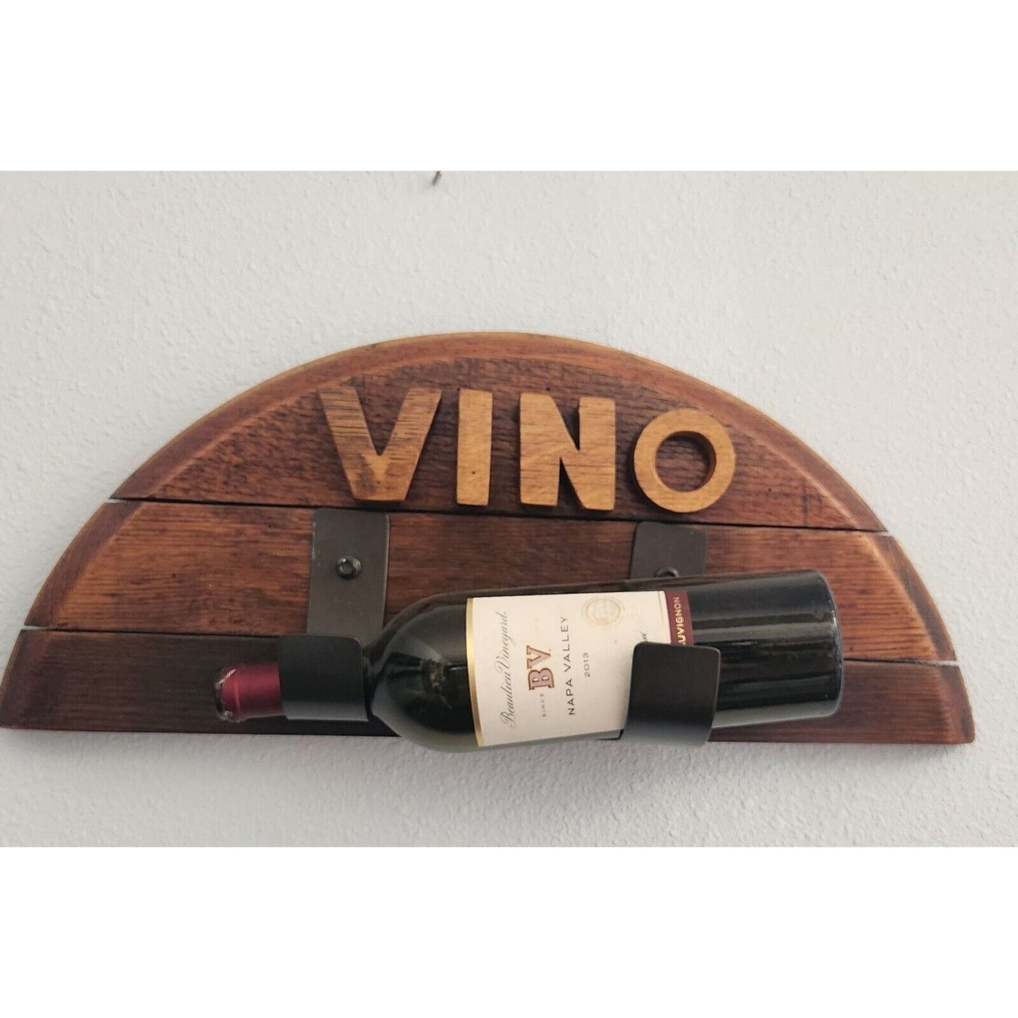 Wine Bottle Holder Says " Vino" Made from Barrel Stave Ring Bottle not included