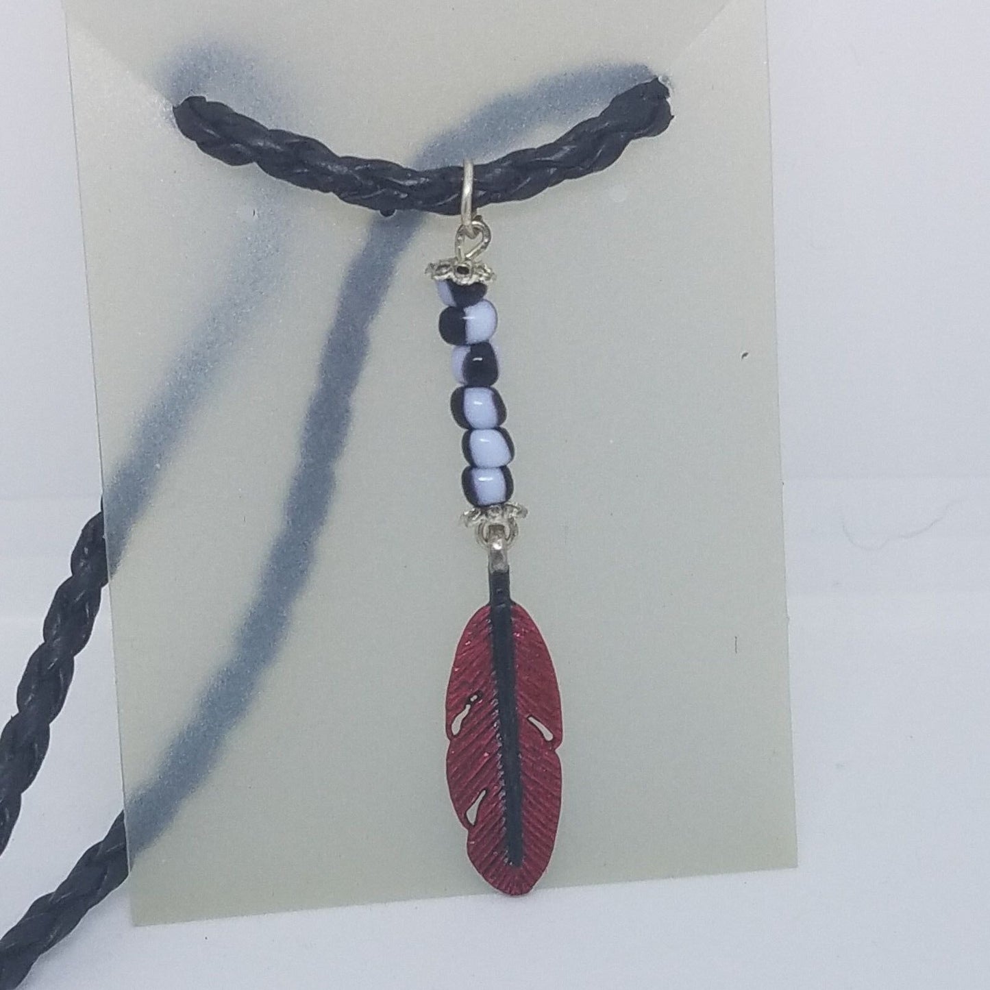 Necklace 1" Painted Red Feather Charm Black Blue Beads Twisted Leather Cord