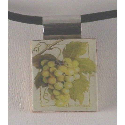 Necklace 1" Green Grape Cluster Wine Printed Scrabble Game Tile Leather Cord