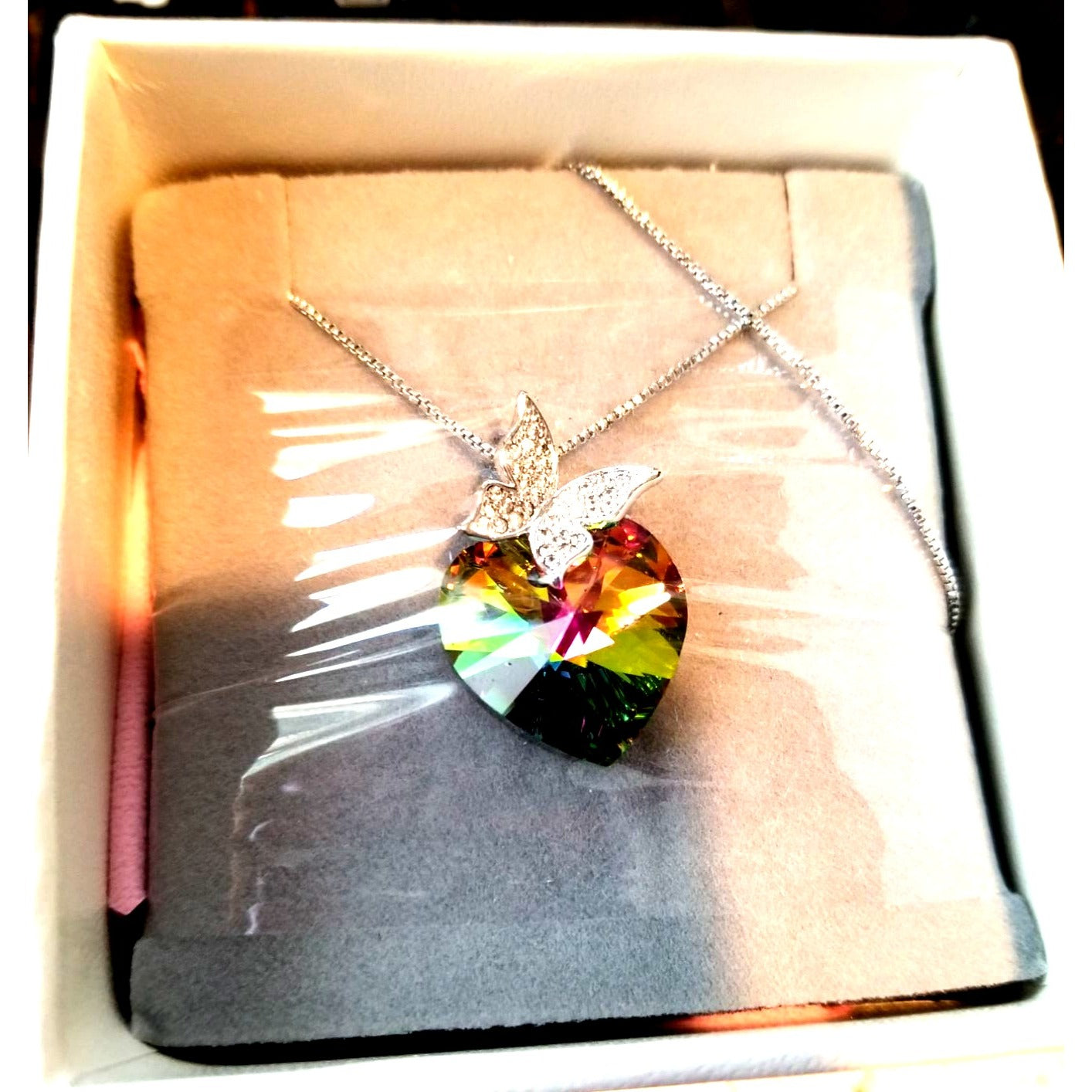 Necklace T400 Jewelers Butterfly Wing Pendant Heart shaped Swarovski Crystal  Bow Box Cleaning Cloth Care Instructions