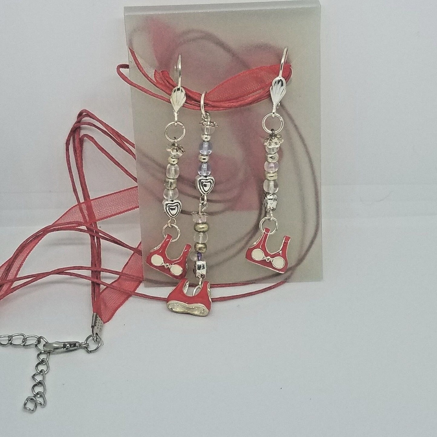 Necklace Earrings Bikini Bra Top 1/2 " Charm Clear Silver Beads Red Ribbon Cord