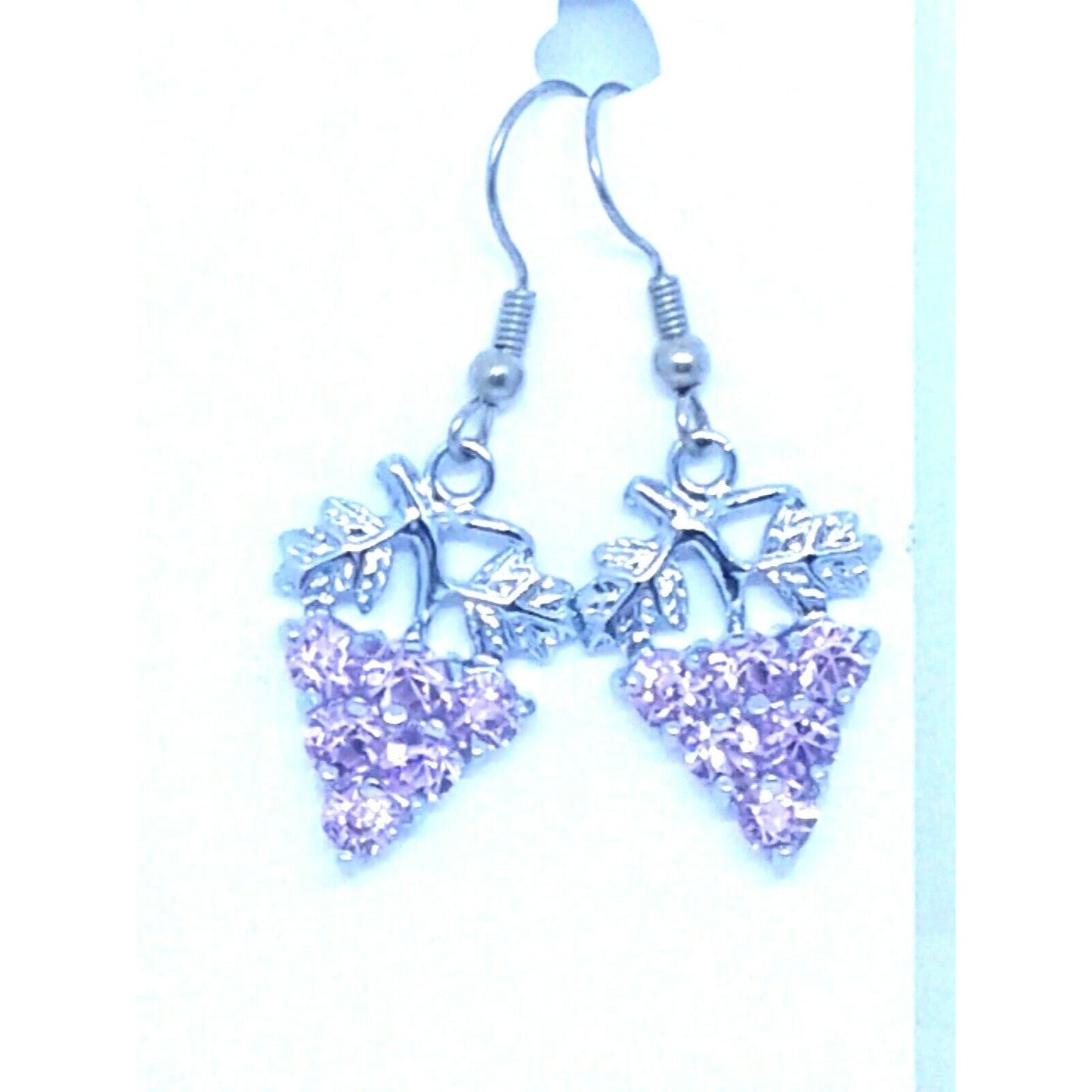 Earrings Pink Crystal Grape Cluster Leaves Vines 1" Long Sterling Wires