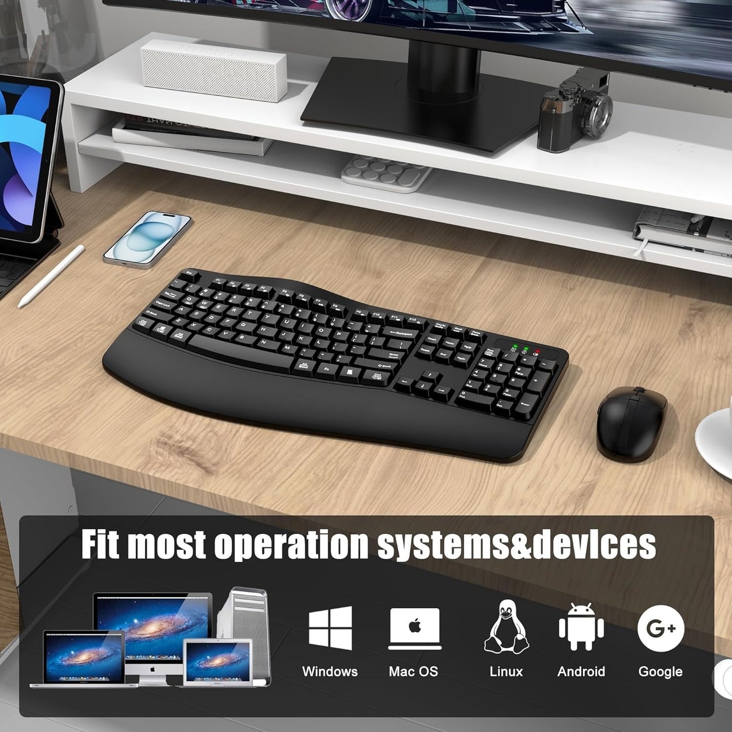 Wireless Keyboard and Mouse, Wireless Ergonomic Keyboard Wrist Rest 3 Level DPI Adjustable Wireless Mouse for Windows/MacO