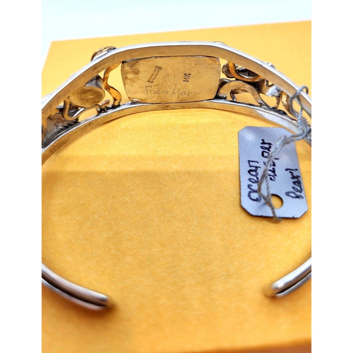 Bracelet Ocean Jasper Pearl Sterling Silver 14K Gold Accents Crab, Sea Shell ,