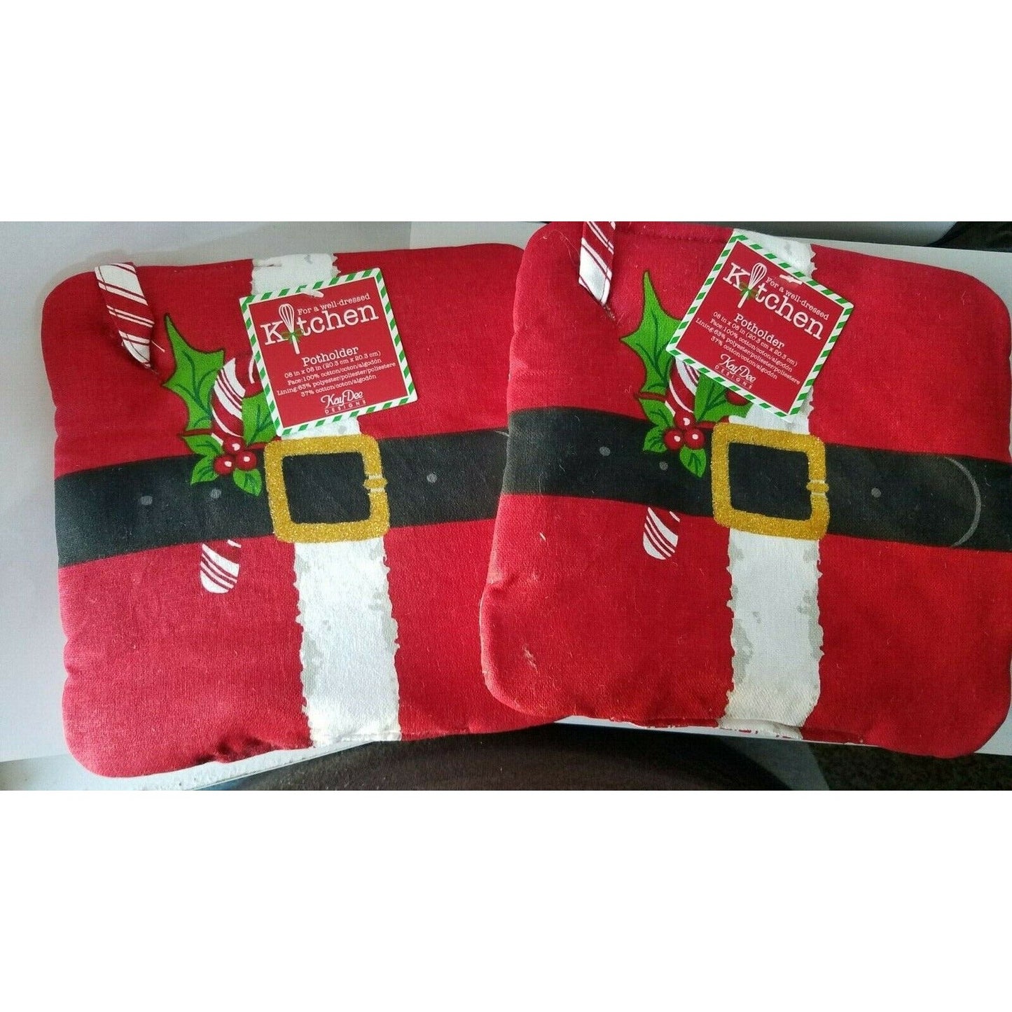 Kitchen Pot Holder KayDee Designs Santa Belt Candy Cane Striped Back Set of 2