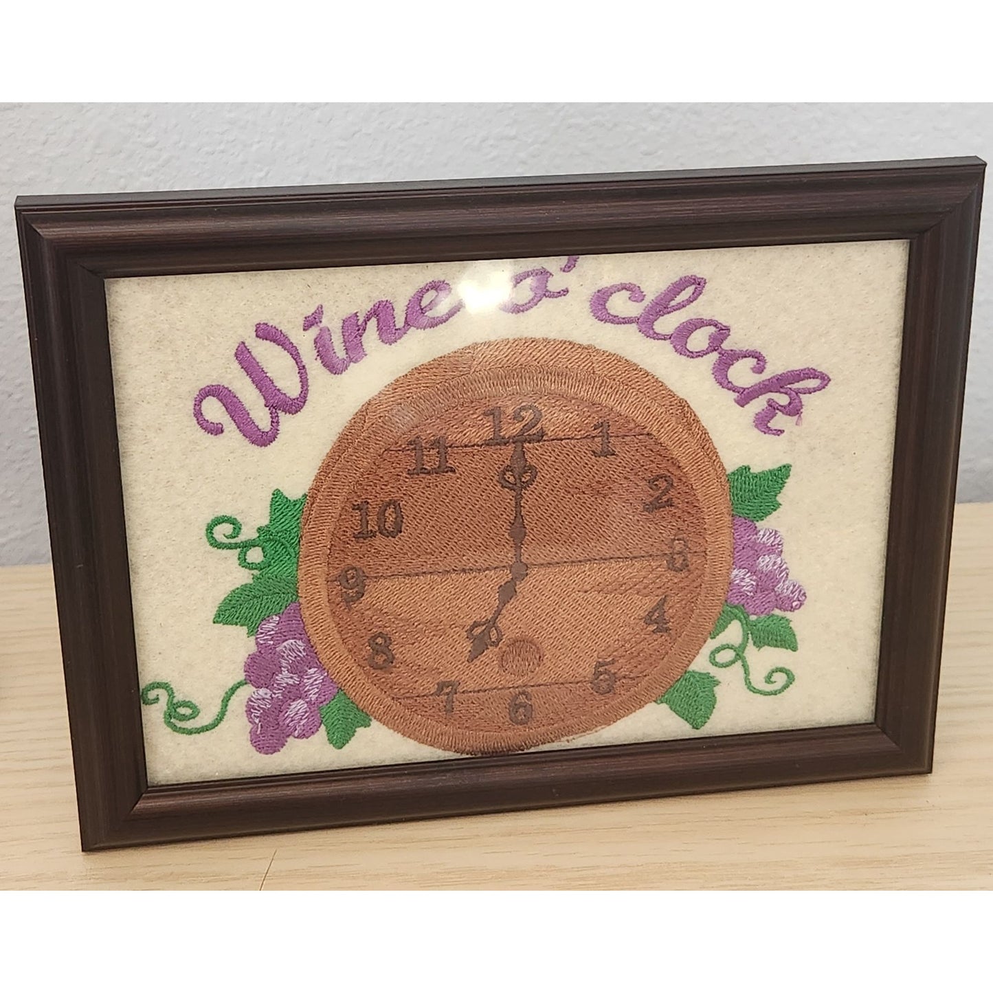 Embroidered 8" x 6" Frame Says Wine O'clock Clock Face Grapes Leaves Harbortown Industries Il.