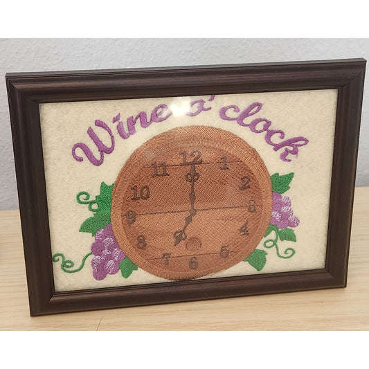 Embroidered 8" x 6" Frame Says Wine O'clock Clock Face Grapes Leaves Harbortown Industries Il.