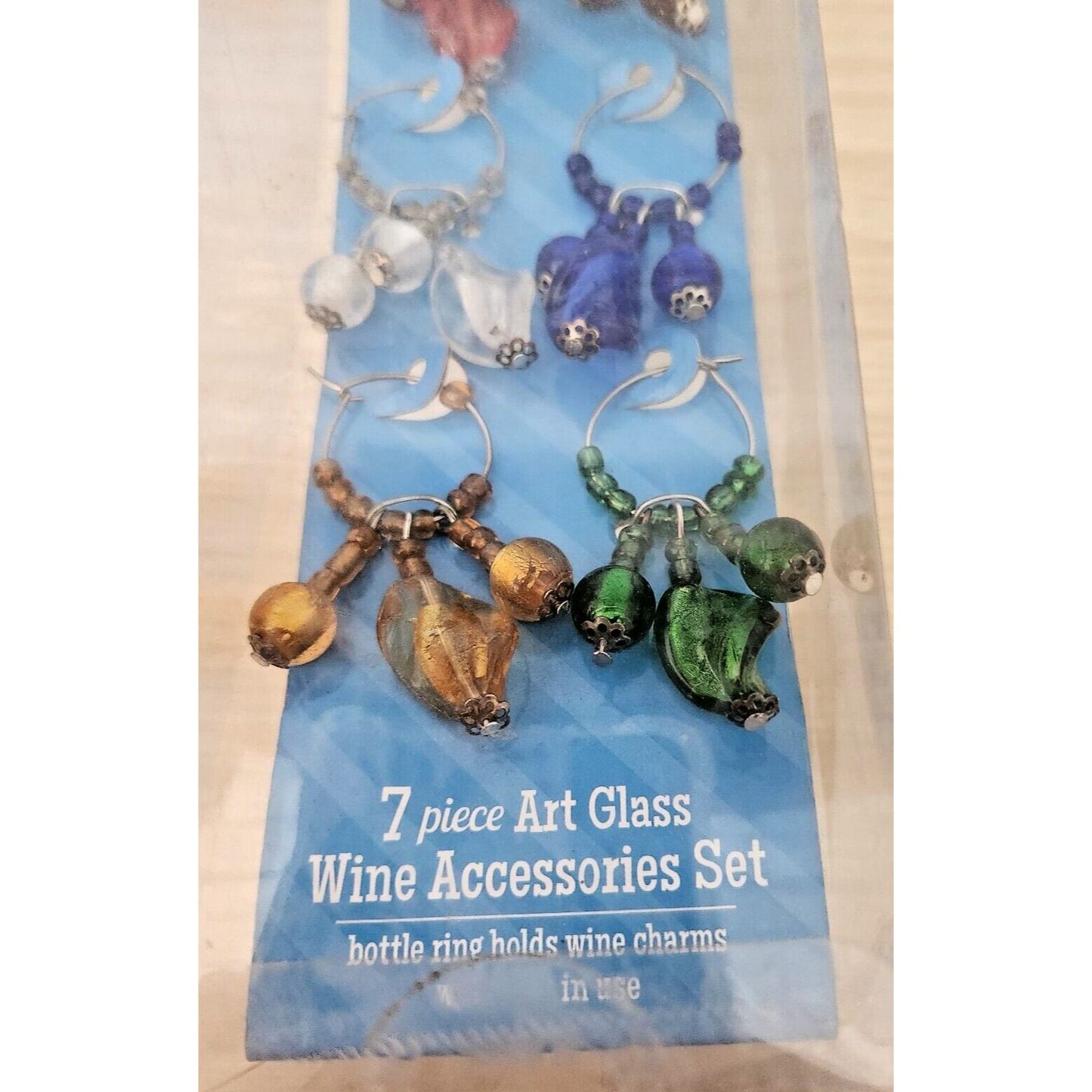 Boston Warehouse 7 Piece Art Glass 1 Wine Ring and 6 Beaded Wine Charms Drops