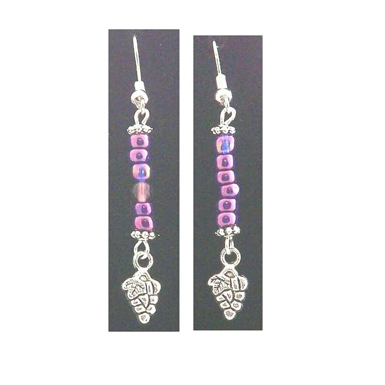 Earrings Small Grape Cluster Wine Charm Sterling Wire Metallic Purple Beads 2"