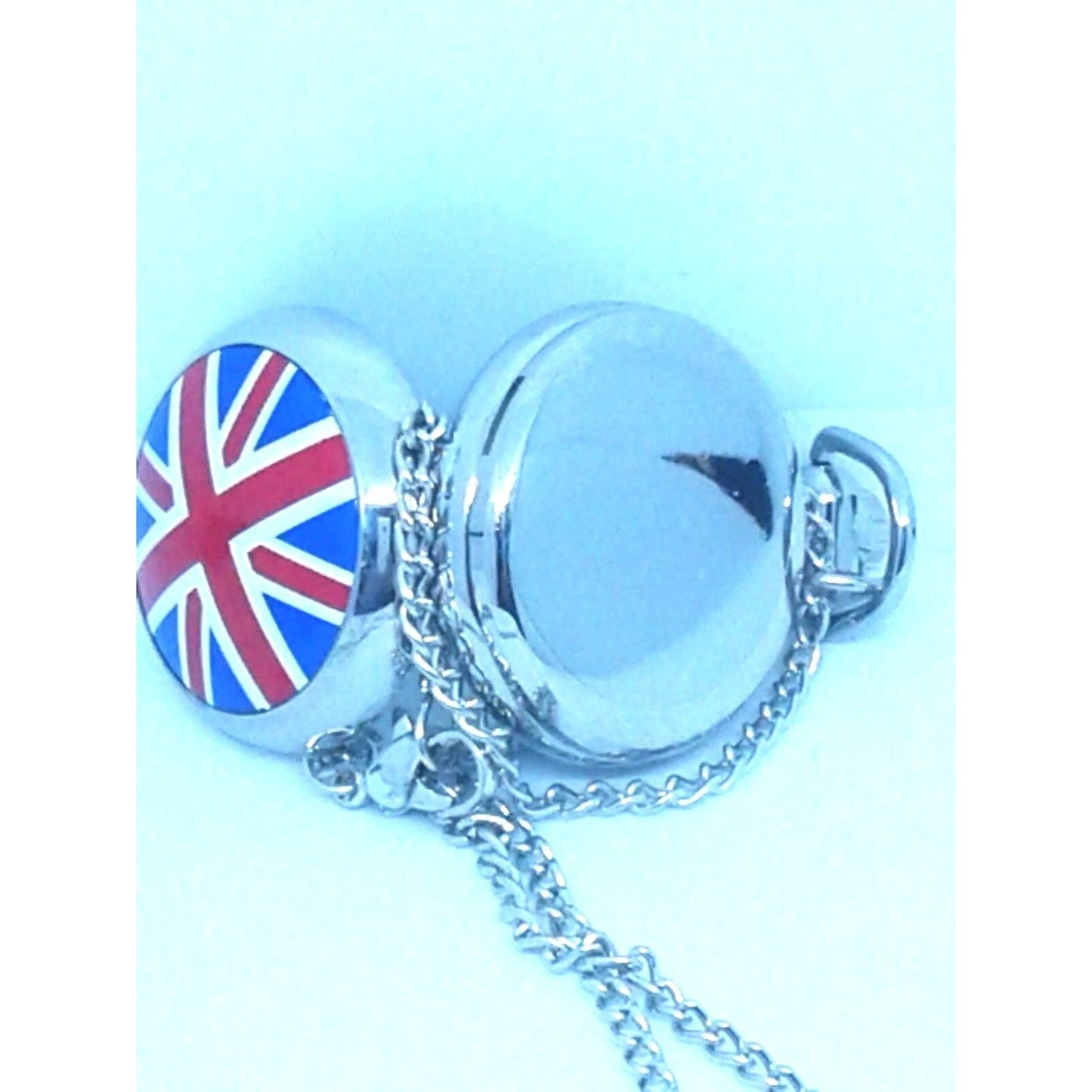 Watch Silver Necklace Locket Pocket Watch Style Mirror British Flag 30" Chain