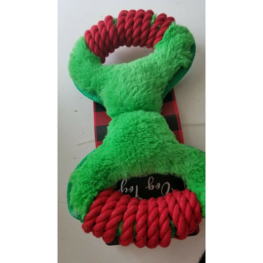 Dog Toy Woof Green & Red Tug a War Plush Squeaker inside Pet Wrapped Ends