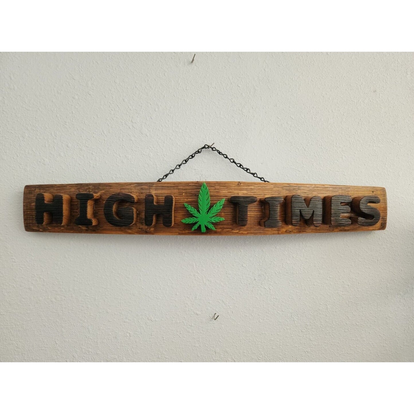 Wood Sign Wine Stave says "High Times  ", Letters, Leaf  Cut from Stave