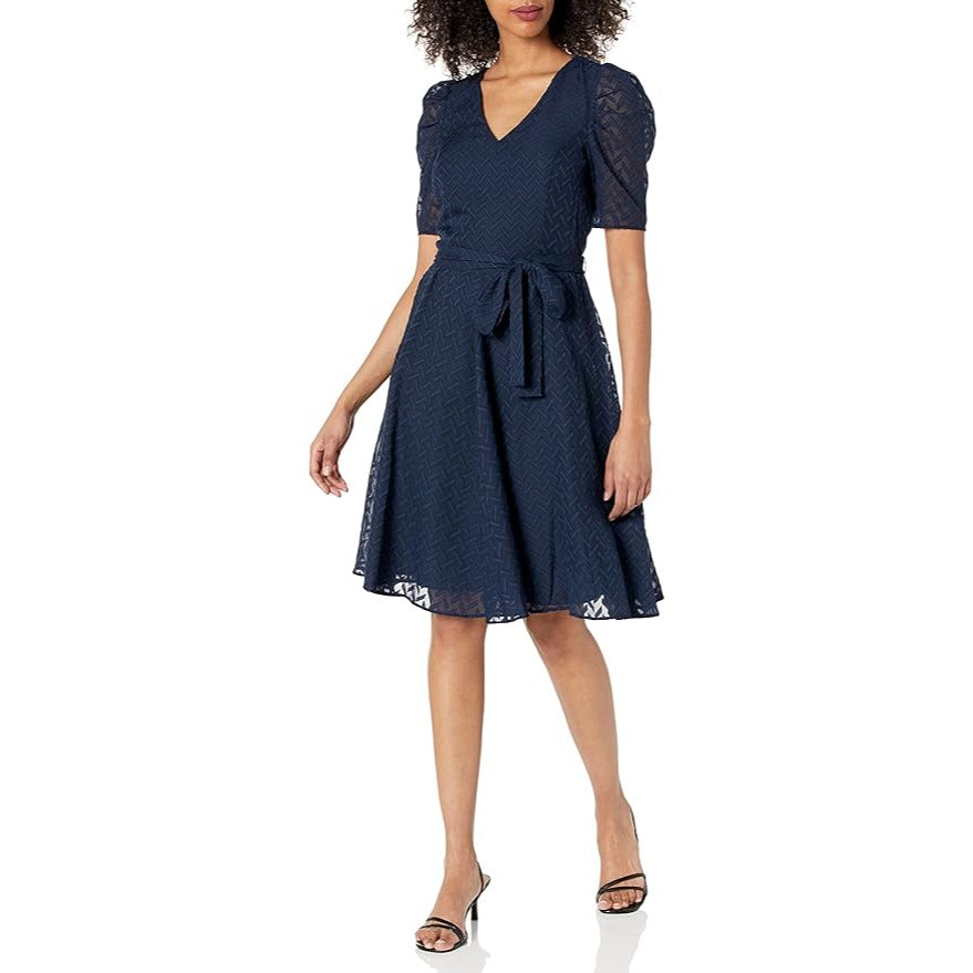 Dress Tommy Hilfiger Size 8 Blue Women's Puff Sleeve V-Neck Midi Dress Tommy Hilfiger