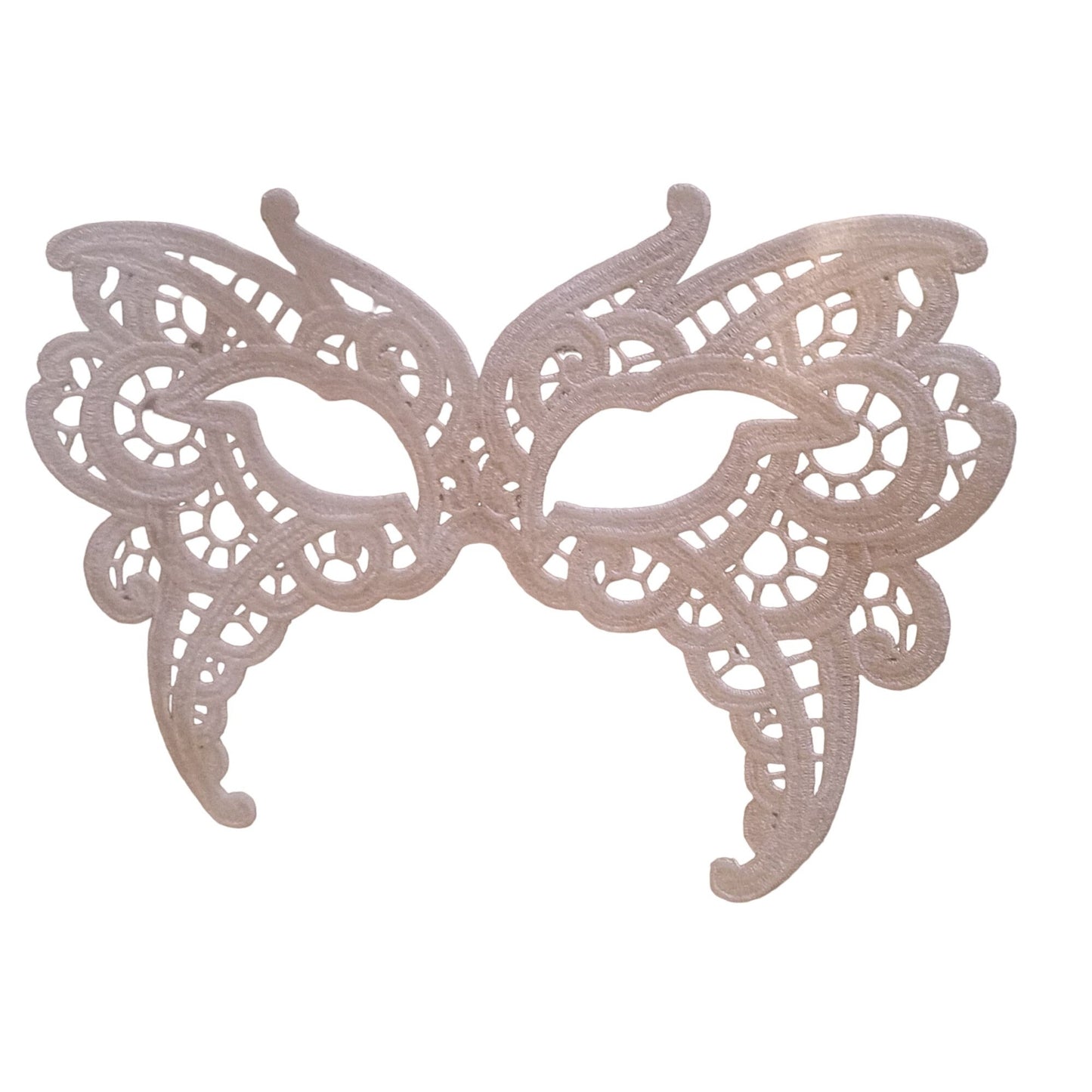 Embroidered Mardi Gras Mask 8 1/2 x 5 1/2  White Decorate Add stick Ribbons Jewels glitter Rinse in Water to make softer before you decorate