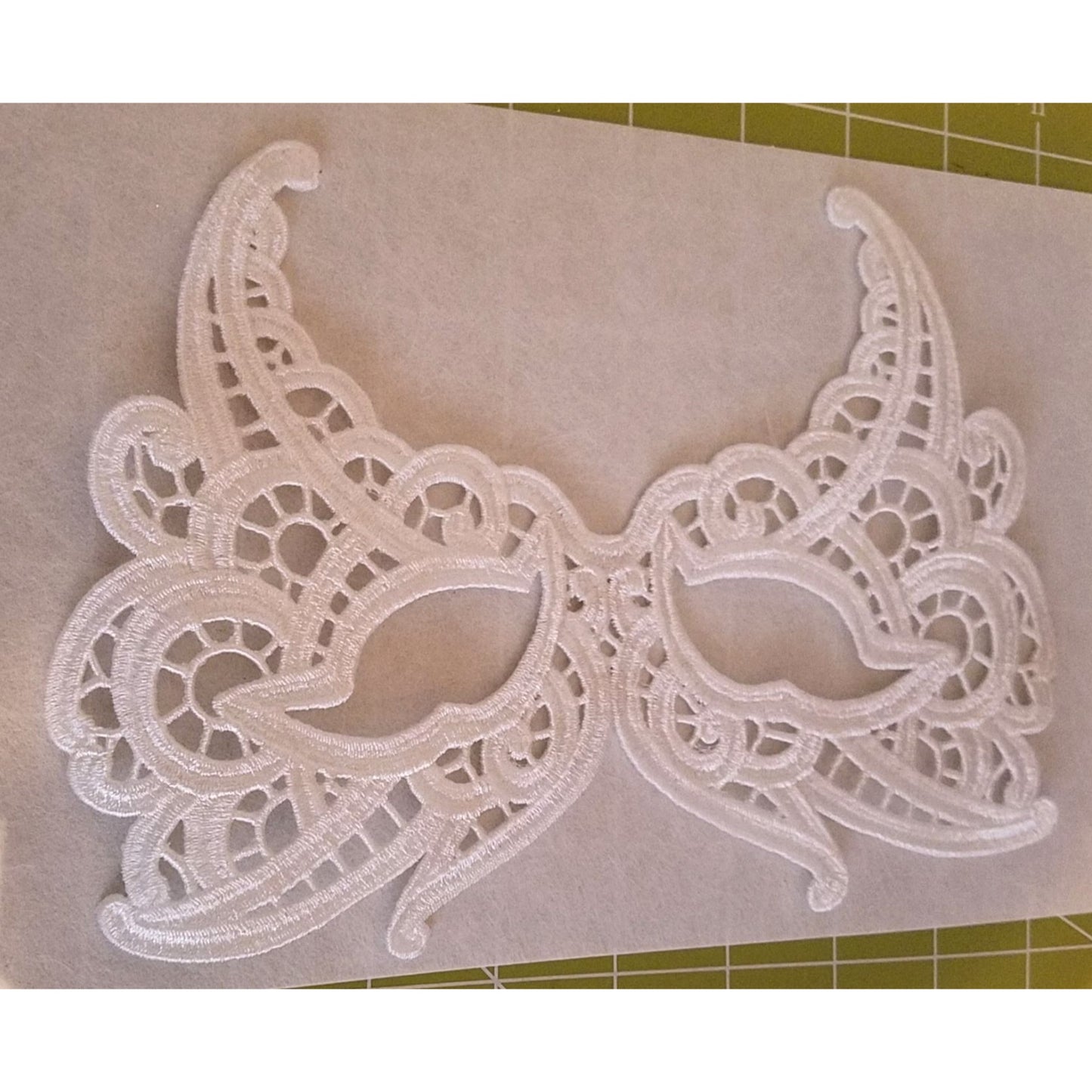 Embroidered Mardi Gras Mask 8 1/2 x 5 1/2  White Decorate Add stick Ribbons Jewels glitter Rinse in Water to make softer before you decorate