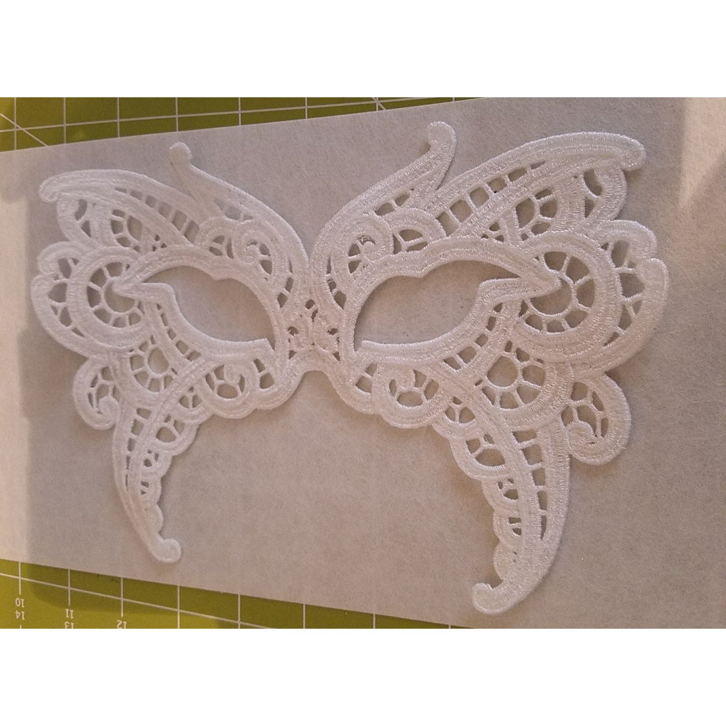 Embroidered Mardi Gras Mask 8 1/2 x 5 1/2  White Decorate Add stick Ribbons Jewels glitter Rinse in Water to make softer before you decorate