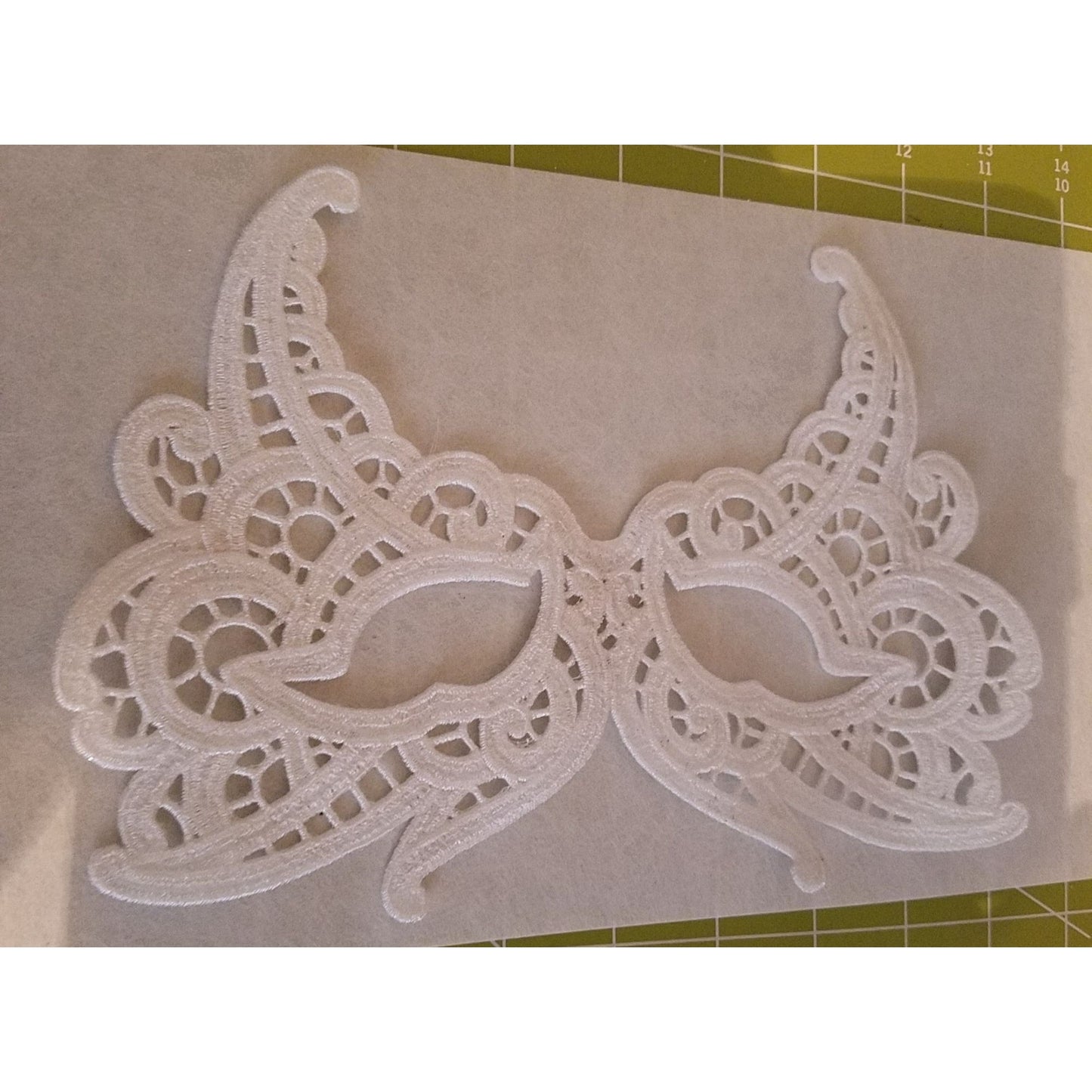 Embroidered Mardi Gras Mask 8 1/2 x 5 1/2  White Decorate Add stick Ribbons Jewels glitter Rinse in Water to make softer before you decorate