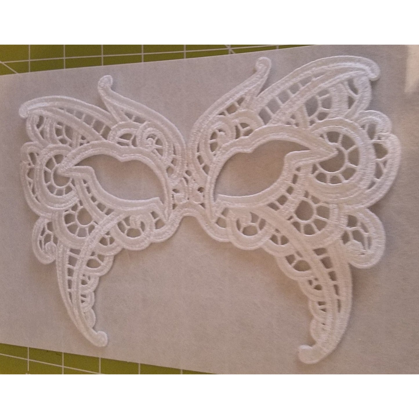 Embroidered Mardi Gras Mask 8 1/2 x 5 1/2  White Decorate Add stick Ribbons Jewels glitter Rinse in Water to make softer before you decorate