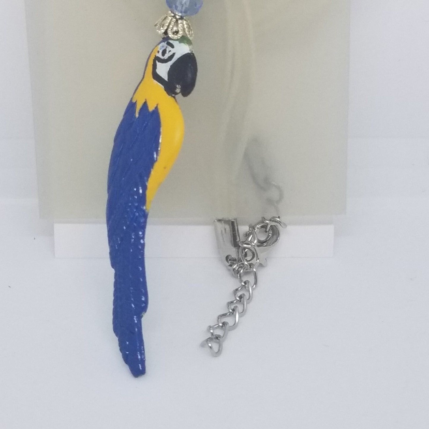 Necklace 2" Painted Blue Parrot Charm Blue Silver Beads Blue Ribbon Cord