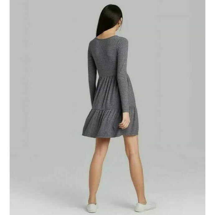 Dress Wild Fable Size XS Grey Long Sleeve Round Neck Tiered Babydoll Mini Dress