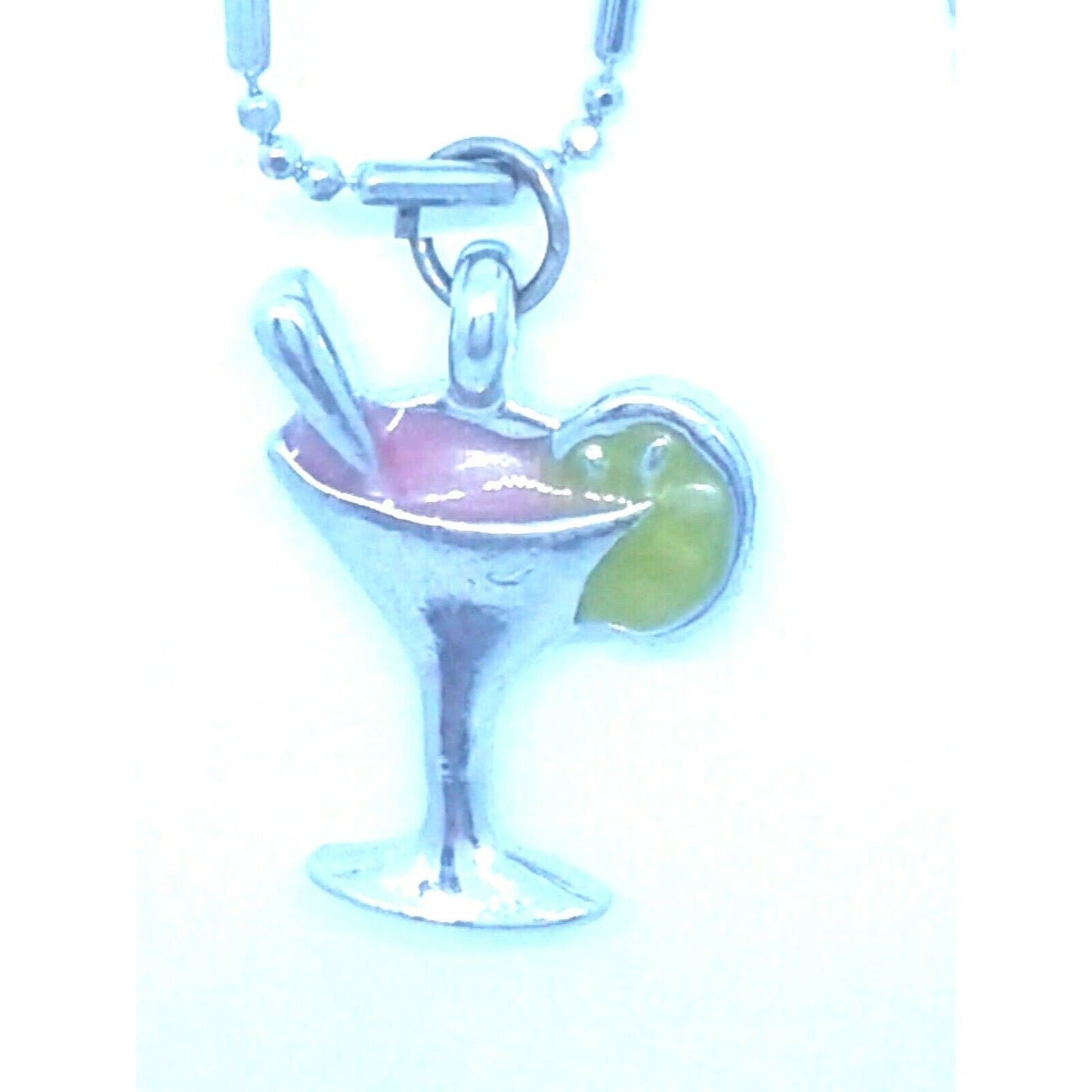 Necklace Drink Glass Pink Margarita Lime Straw 1 " Tall Charm Sterling Chain