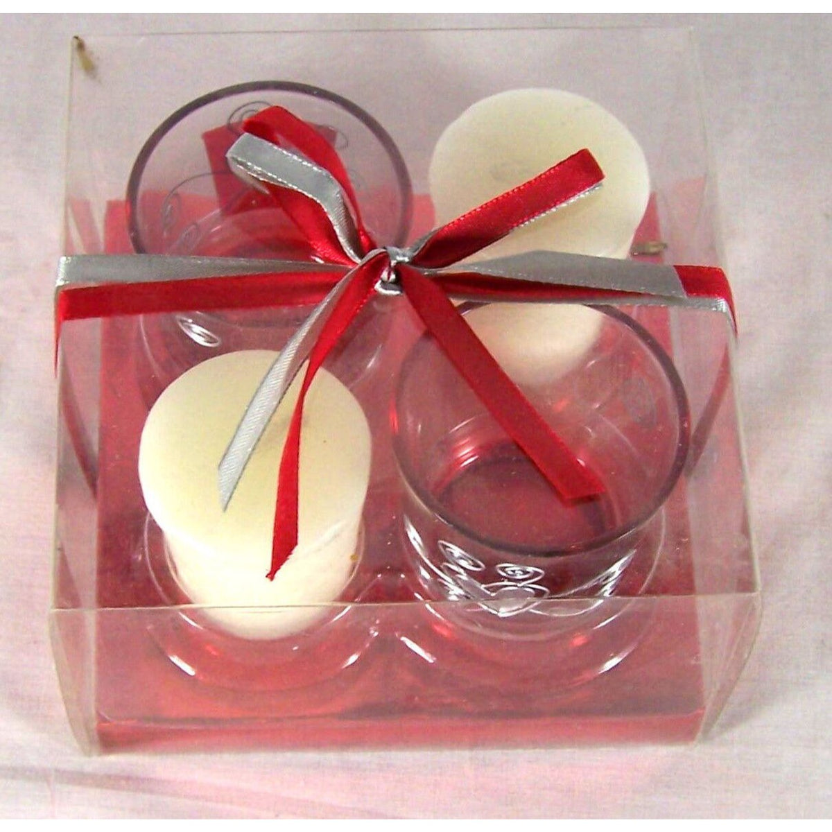 Candle Silver Hearts Votive Candle & Holder set  2 Holders Red Boxed Ribbon Love