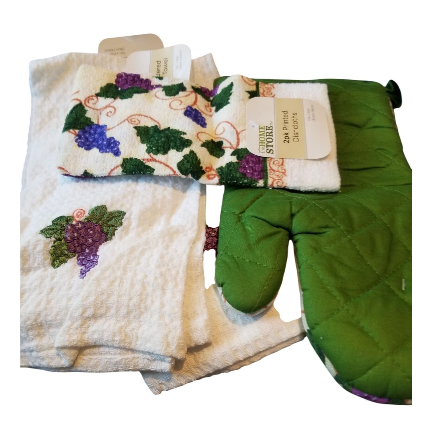 Kitchen Towel Grapes 4 piece 2 Dish Cloth Pot Holder 2 White Grape Towels