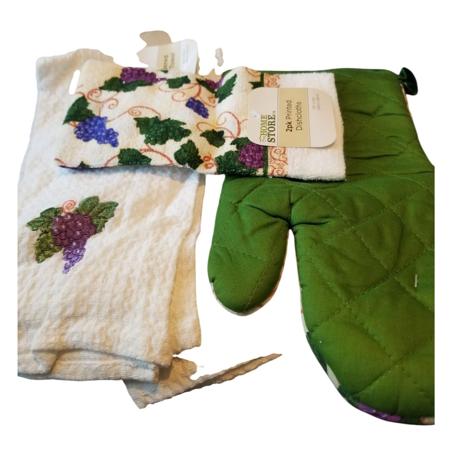 Kitchen Towel Grapes 4 piece 2 Dish Cloth Pot Holder 2 White Grape Towels