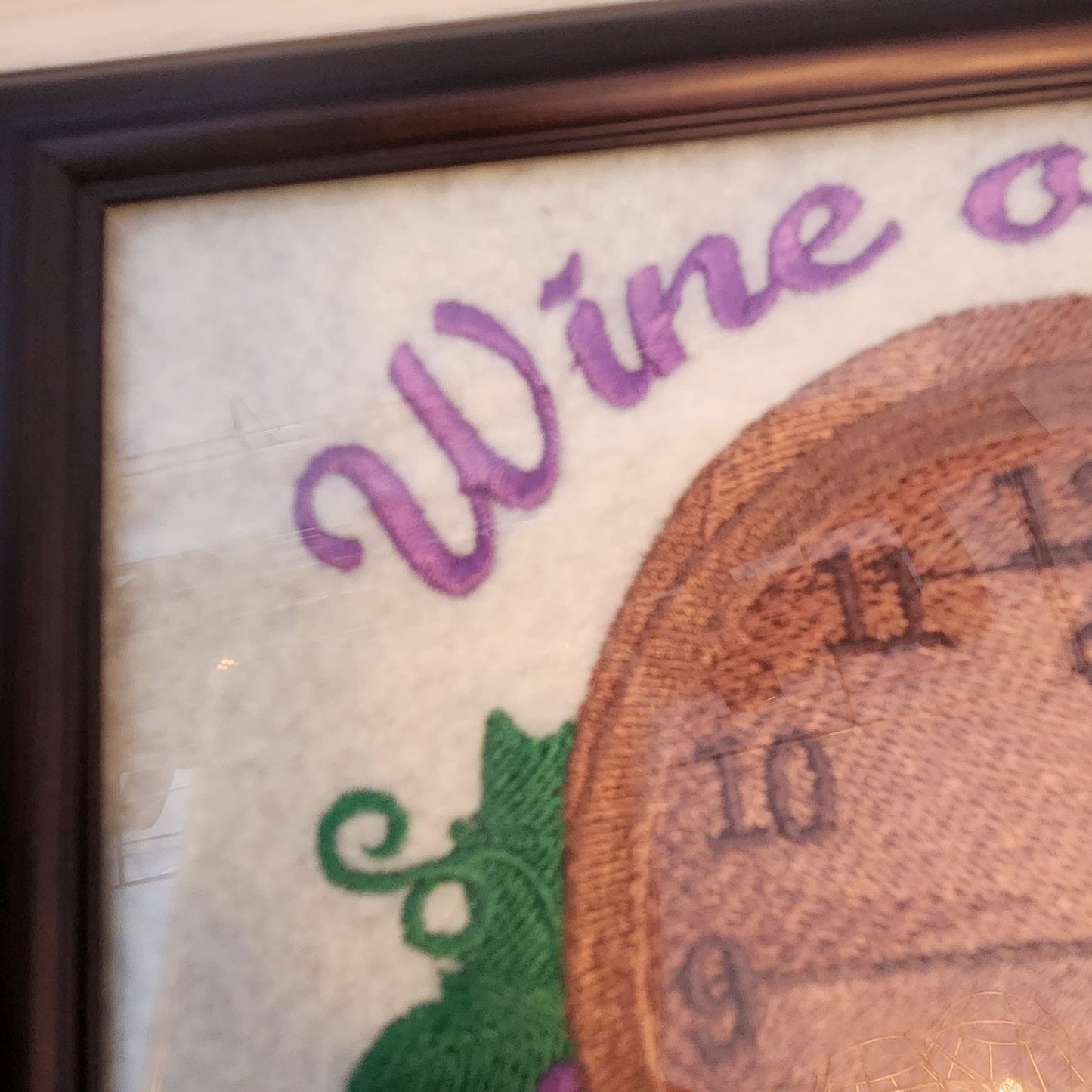 Embroidered 8" x 6" Frame Says Wine O'clock Clock Face Grapes Leaves Harbortown Industries Il.