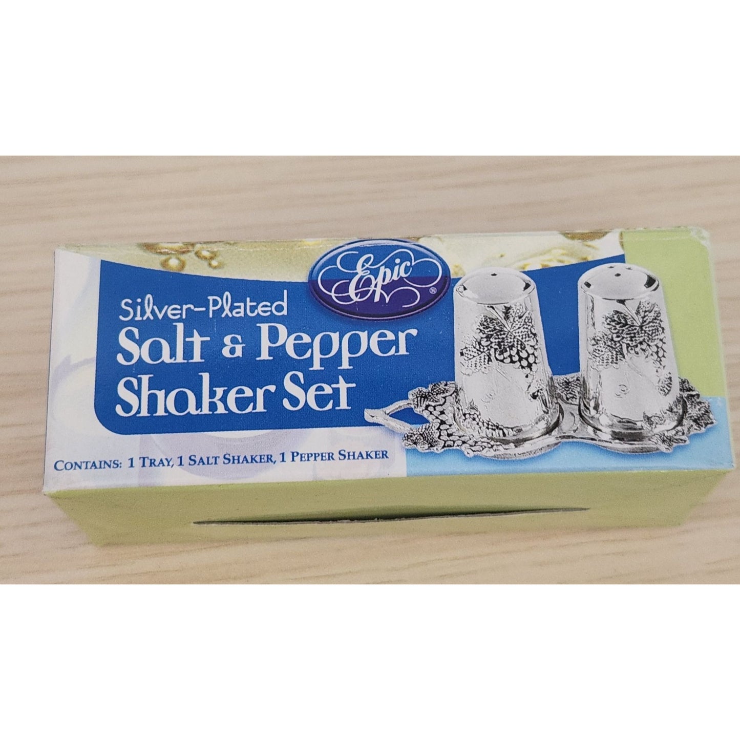 Silver 2 ' Tall Salt & Pepper Shaker 1" wide Bottom Grape Design Silver Tray New