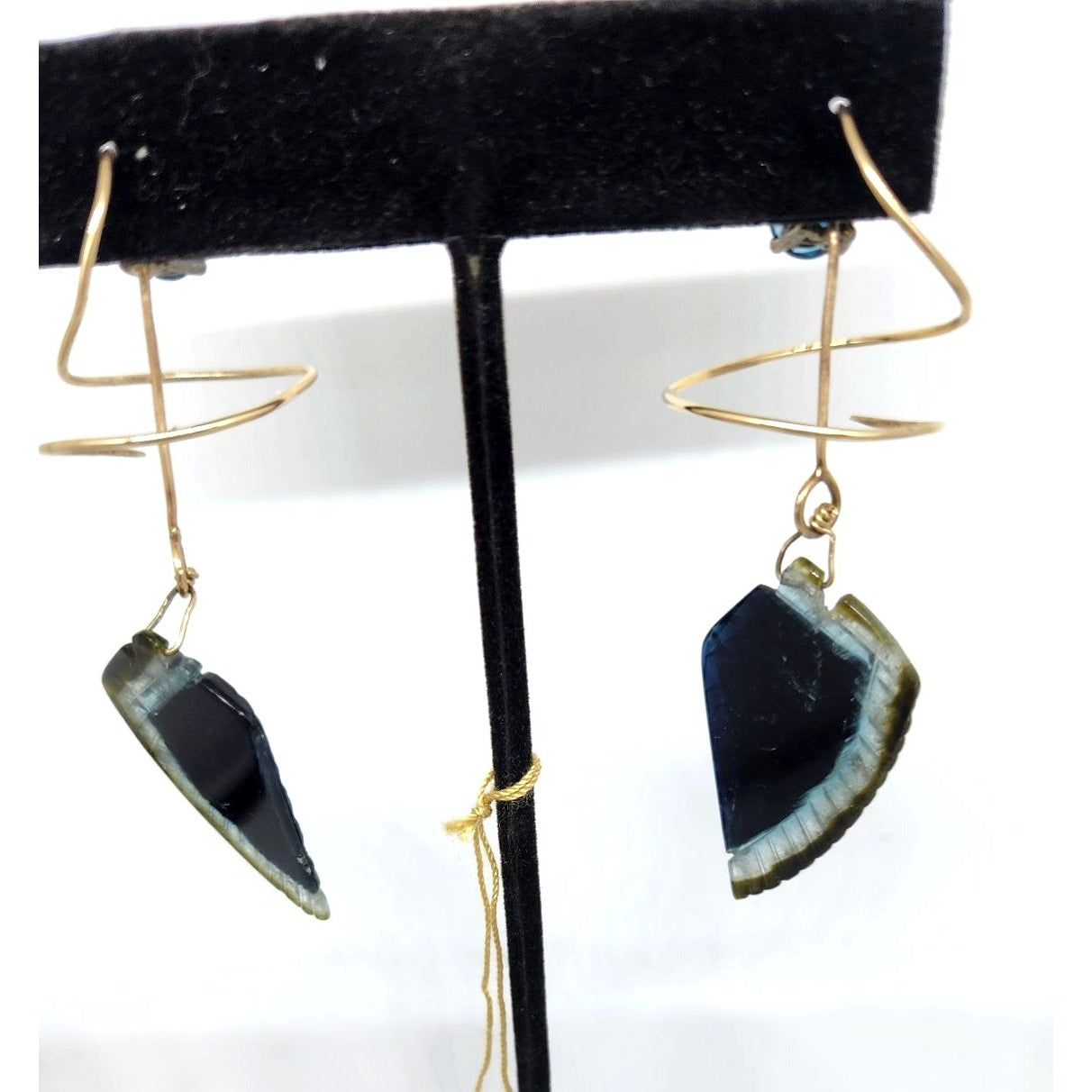 Earrings Feather Shaped Carved Tourmaline 5 mm Square Sapphire 14K Gold 8.9 gr