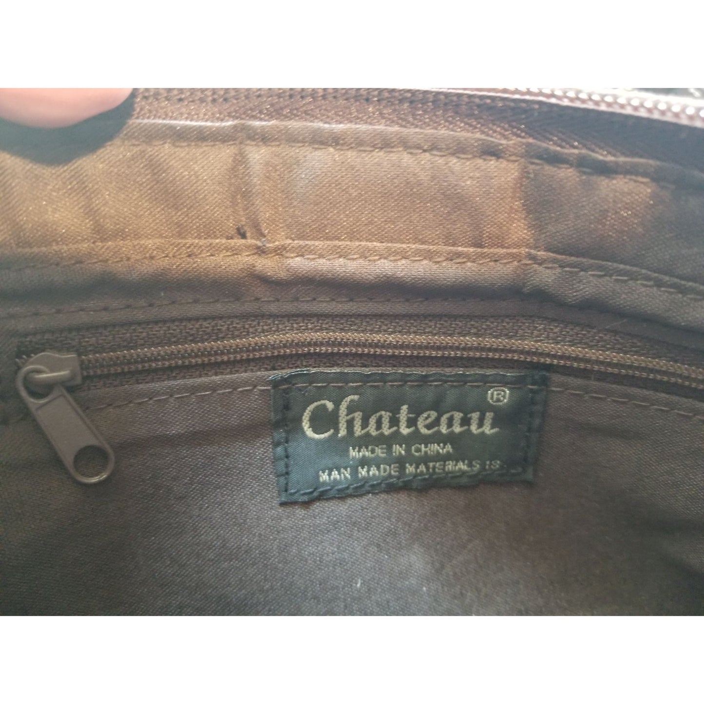 Purse Bag Brown Fringe Chateau Int Zip Top back and inside Pocket  9" x 6" x 3" Strap  17"