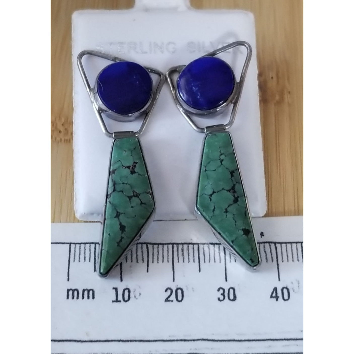 Earrings Lapis & Malichite  10.9 Gr 14.5 ct  20 mm  x 47 mm  Silver 925  2 Stones