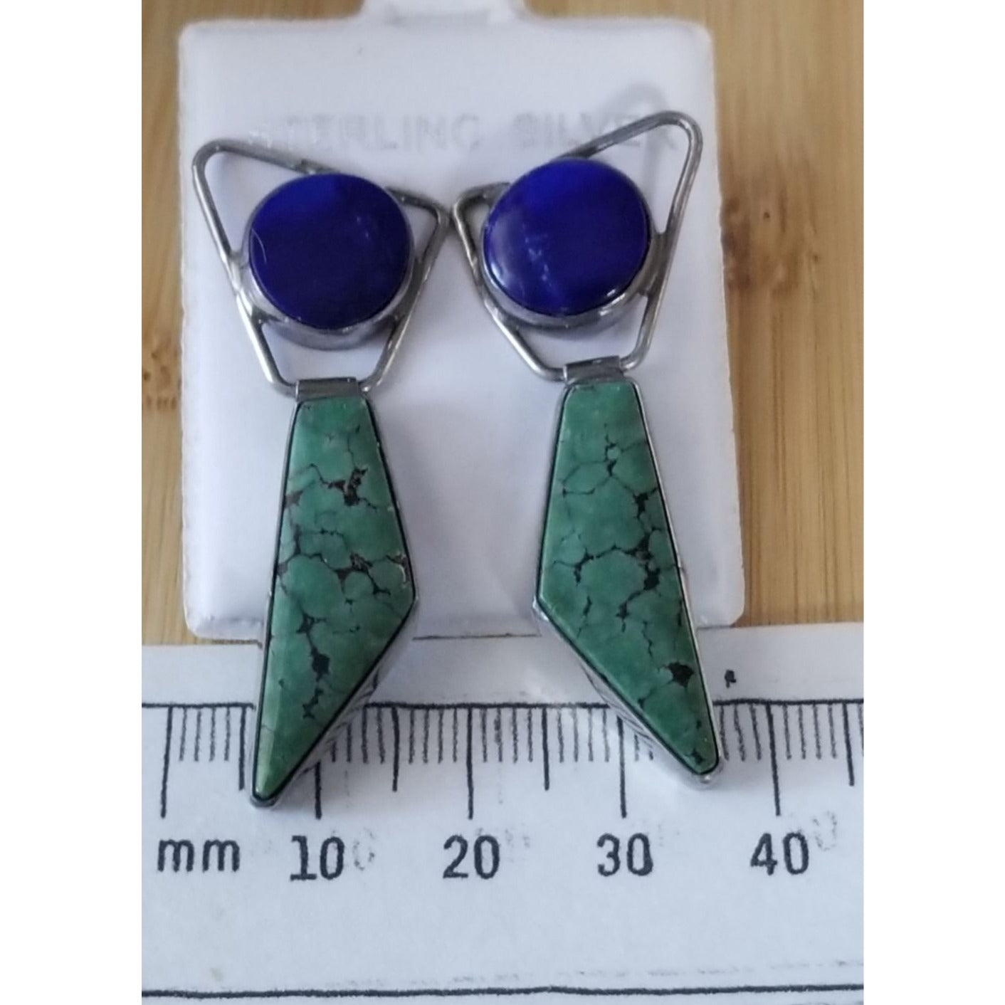 Earrings Lapis & Malichite  10.9 Gr 14.5 ct  20 mm  x 47 mm  Silver 925  2 Stones