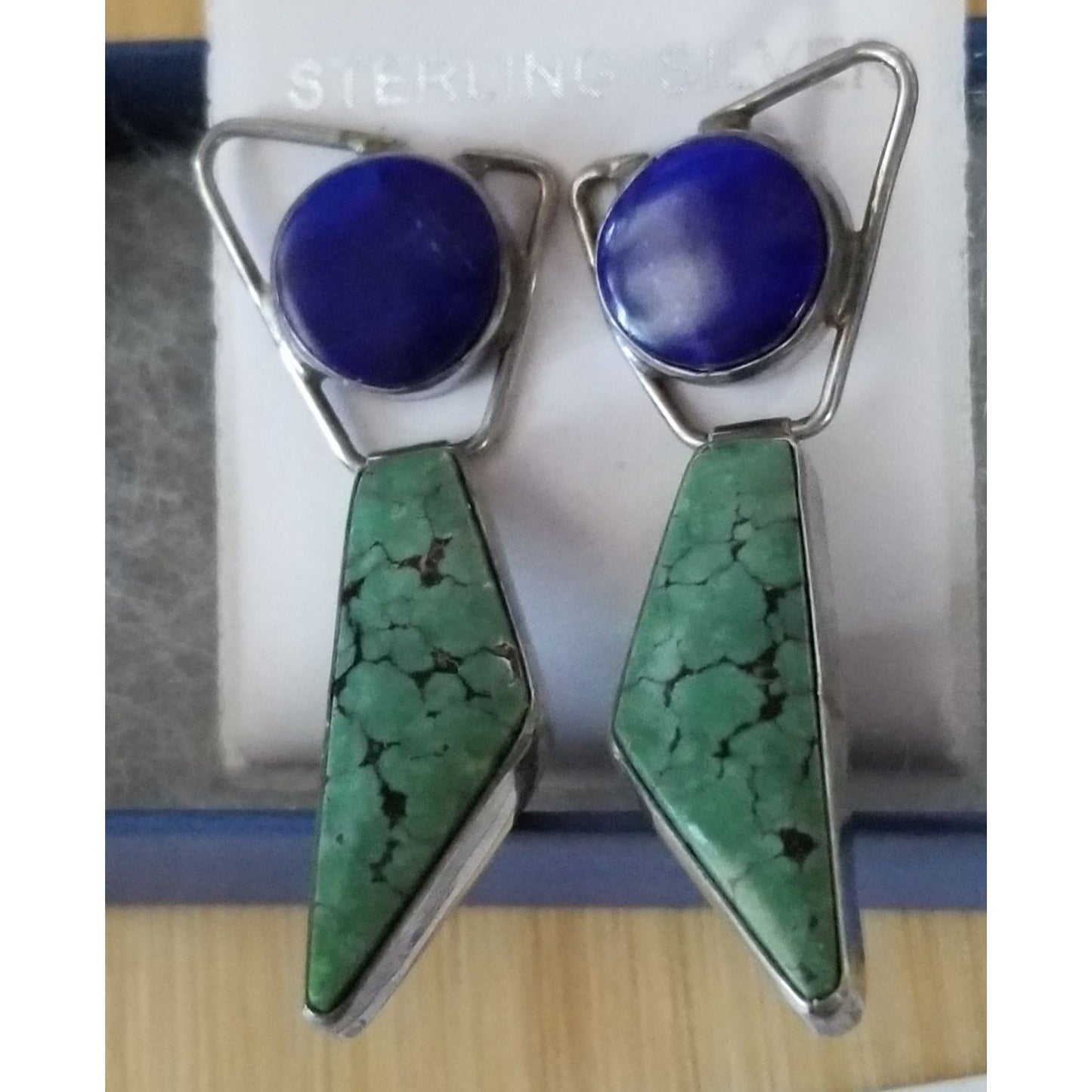 Earrings Lapis & Malichite  10.9 Gr 14.5 ct  20 mm  x 47 mm  Silver 925  2 Stones