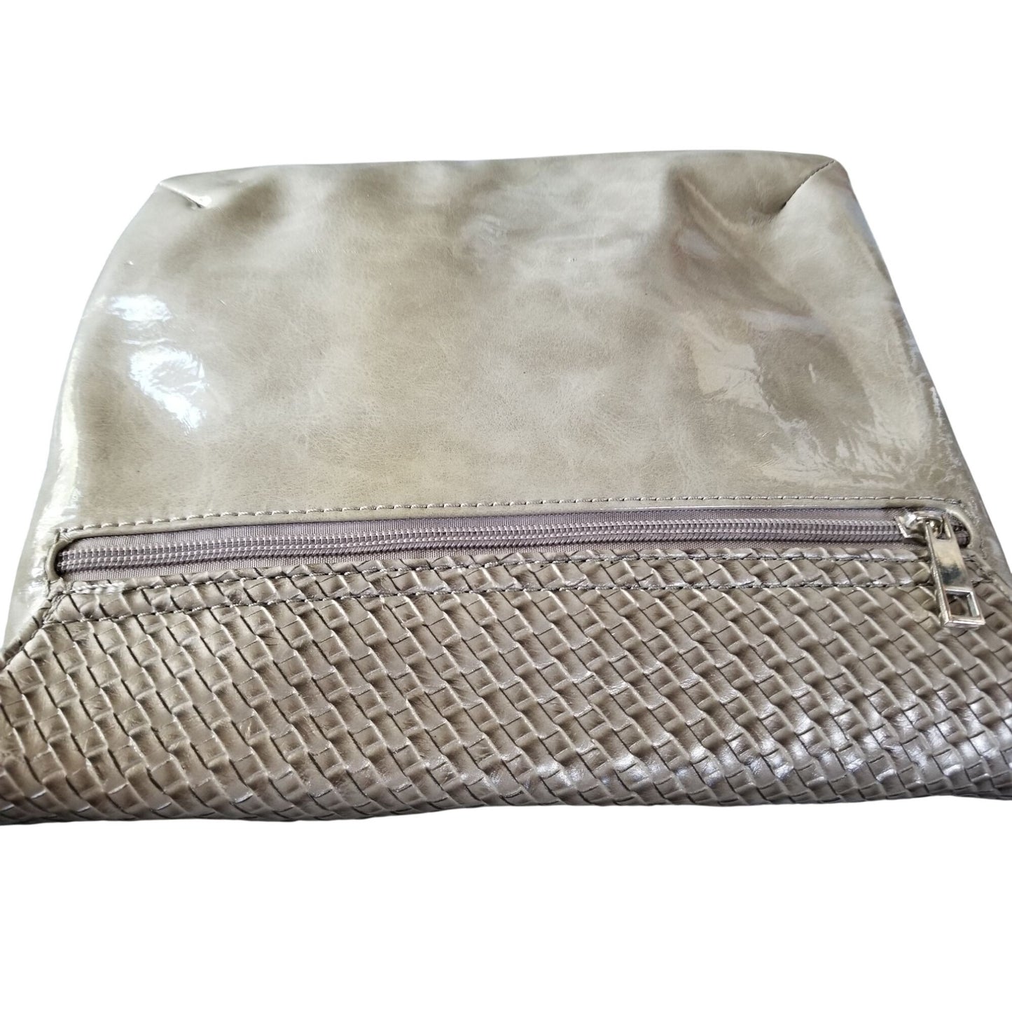 Purse Bag  Hang Accessories Grey Vegan Leather Snap Close Zip front Pocket Zip Back Poxket
