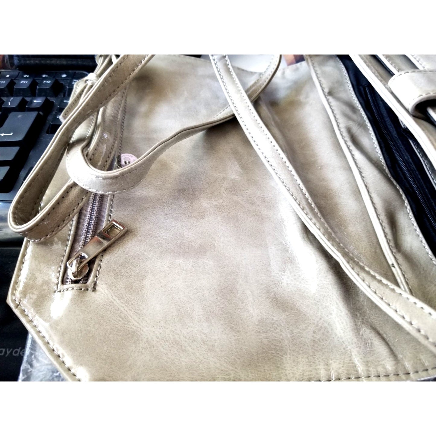 Purse Bag  Hang Accessories Grey Vegan Leather Snap Close Zip front Pocket Zip Back Poxket