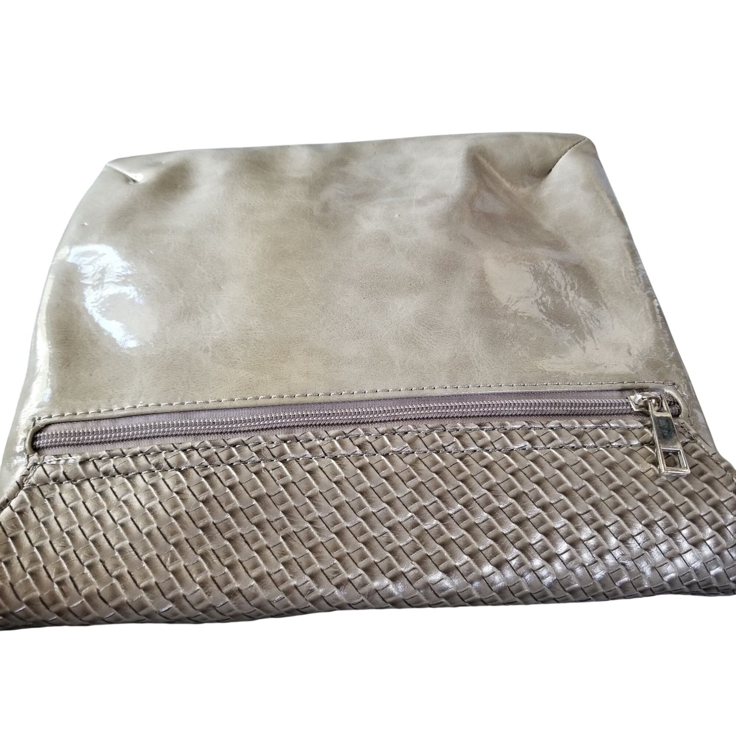 Purse Bag  Hang Accessories Grey Vegan Leather Snap Close Zip front Pocket Zip Back Poxket