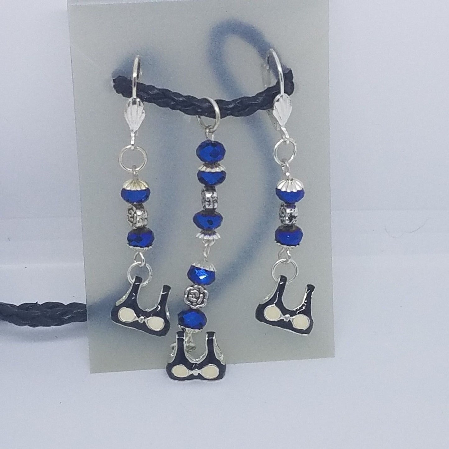 Necklace Earrings Bikini Bra Top 1/2 " Charm Blue Silver Bead Black Leather Cord