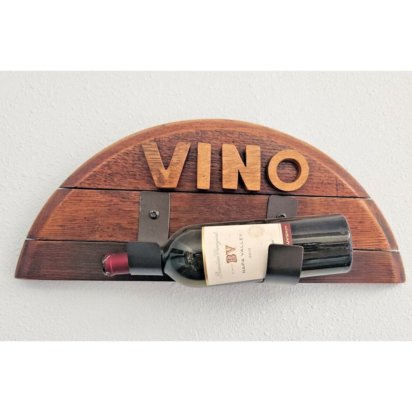 Wine Bottle Holder Says " Vino" Made from Barrel Stave Ring Bottle not included