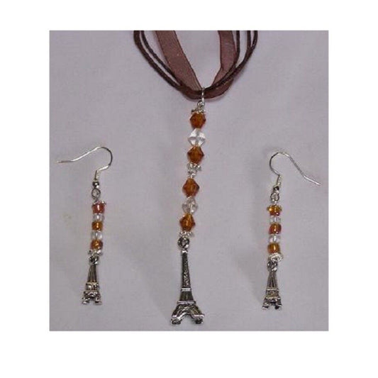 Necklace Earrings 3D Eiffel Tower Charms Brown Clear Beads Brown Ribbon Sterling