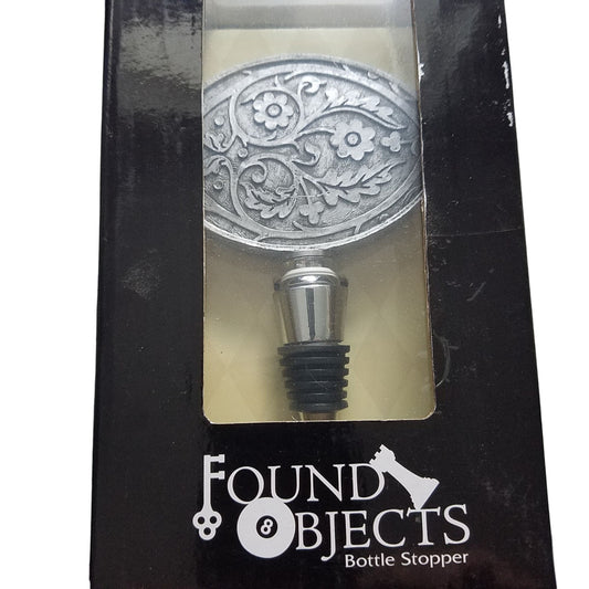 Found Object Wine Bottle Stopper Floral Belt Buckle Oval Resin Metal 5" Tall Top 2 1/2"