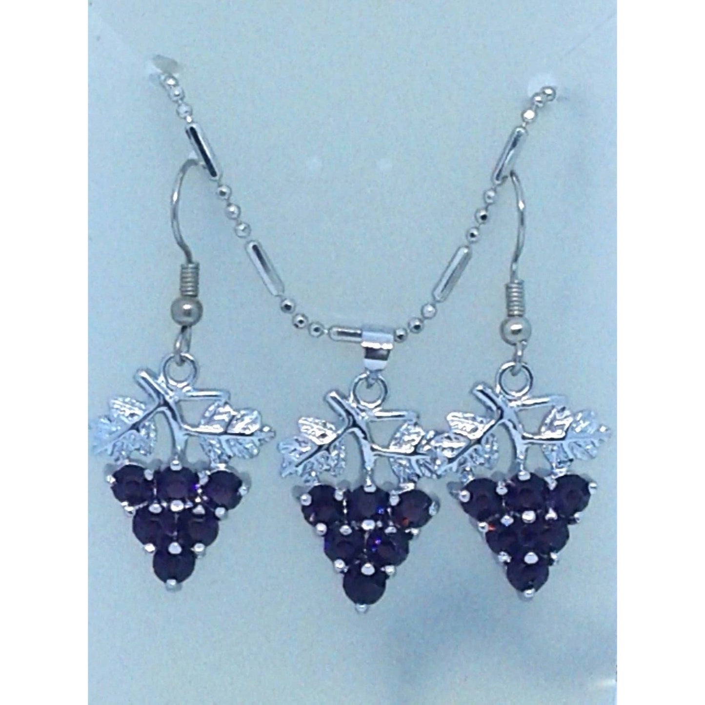 Necklace Earrings Set Purple Crystal Grape Cluster Leaves Vines 1" Long Silver