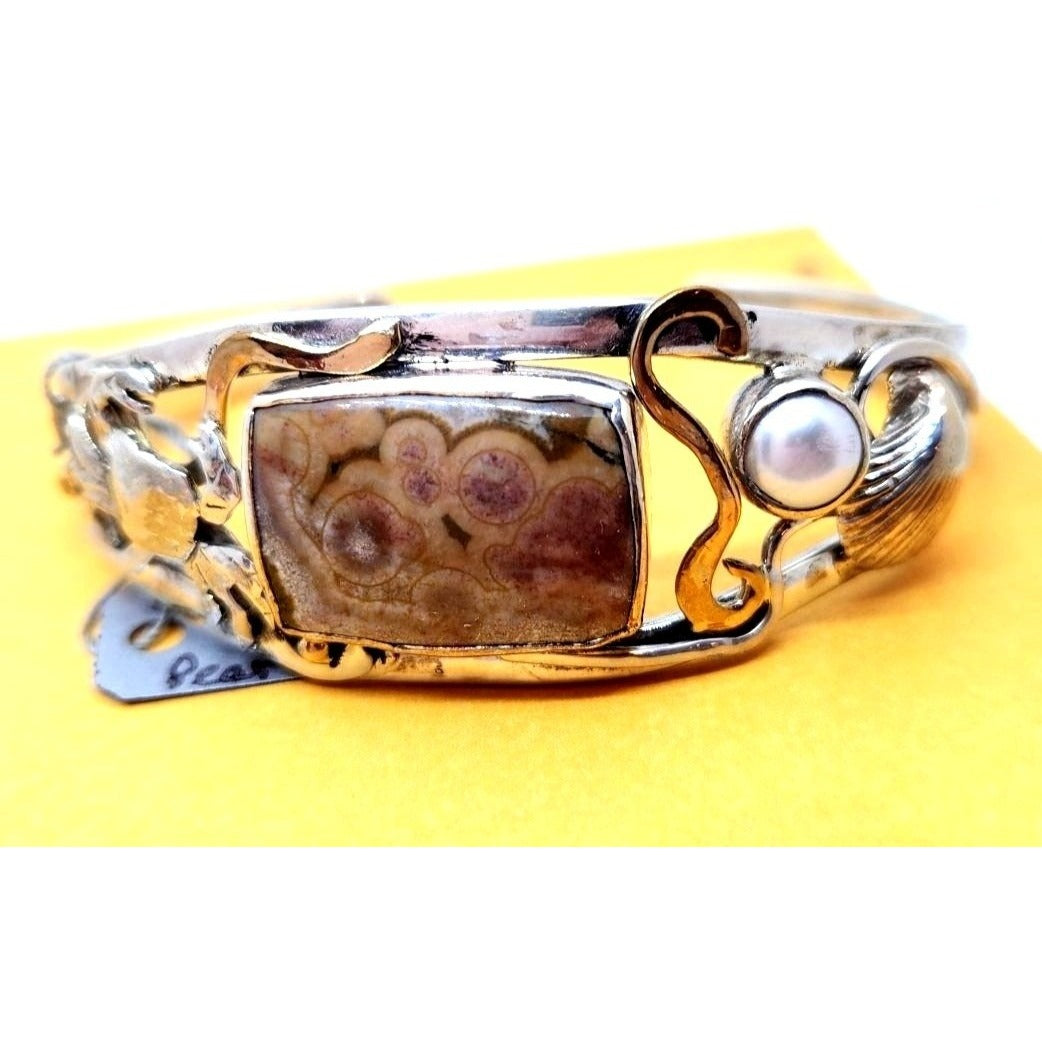 Bracelet Ocean Jasper Pearl Sterling Silver 14K Gold Accents Crab, Sea Shell ,